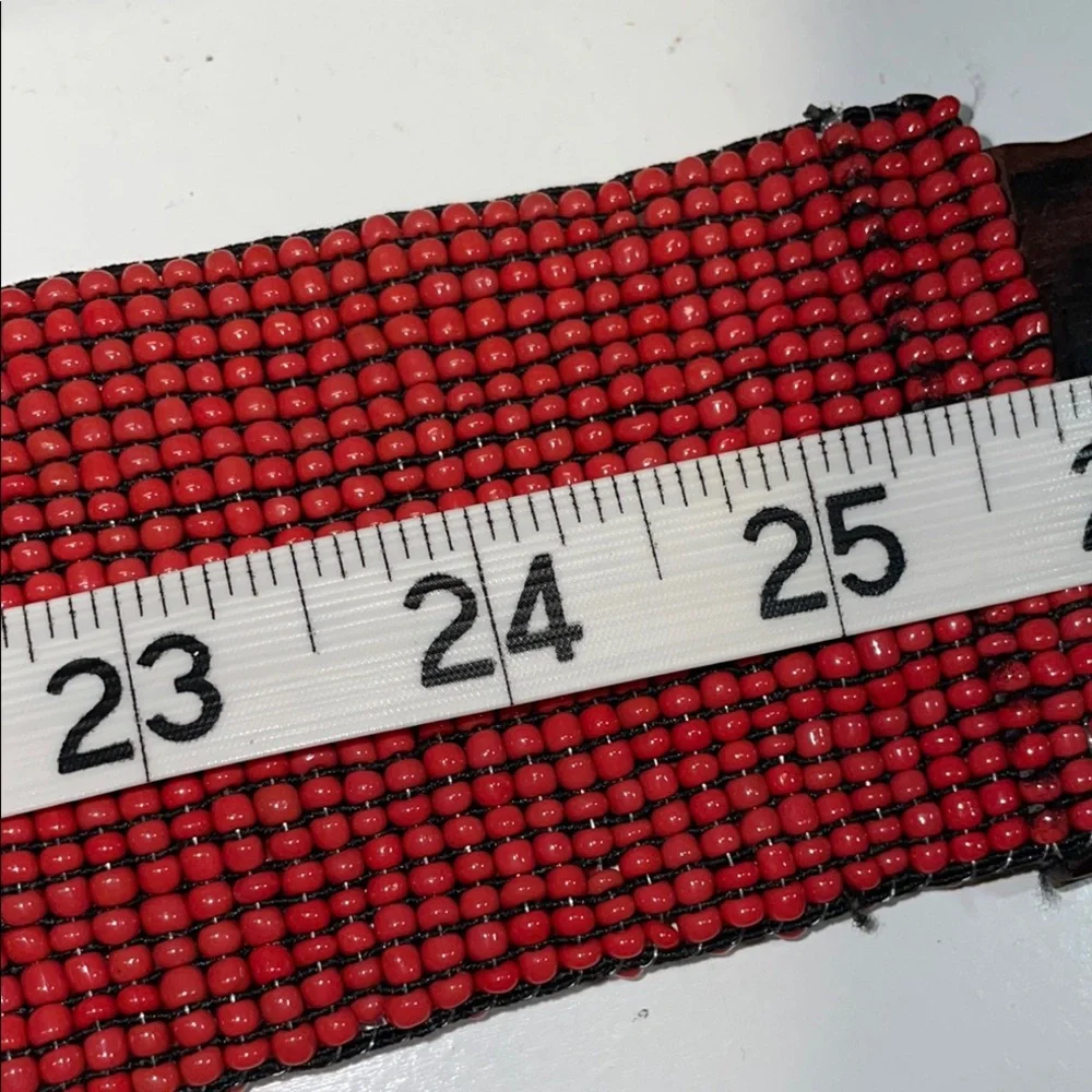 Boho Cowgirl Red Beaded Stretch Belt Wood Buckle Wide Artisan Small Southwest